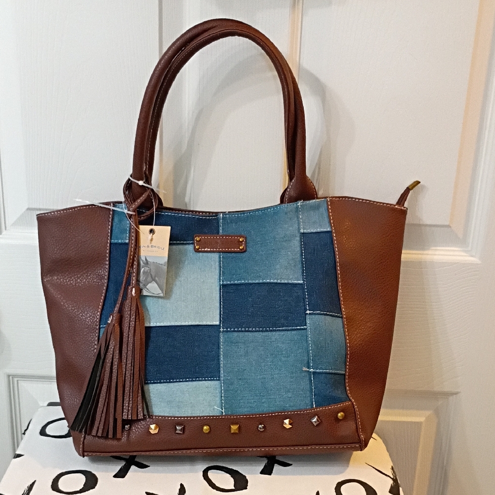 Elegant Denim and Brown Tote Bag
